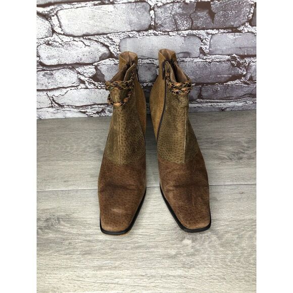 CHIARINI Tan Brown Green Suede Leather Double Sided Zipper Heel Booties Women 40 - Picture 10 of 16